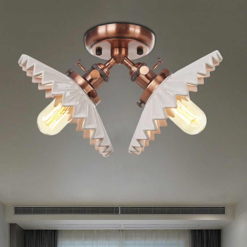 Restaurant Ceiling Light With Scalloped Milk Glass Shade In Black/Bronze Semi-Flush Mount Copper