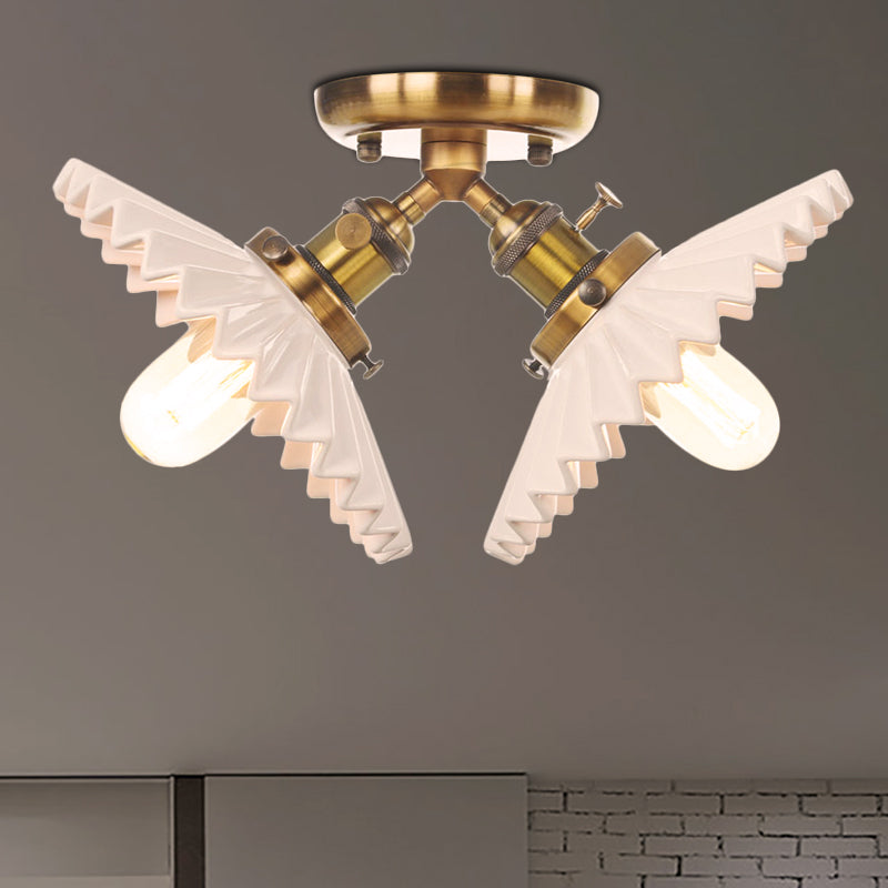 Restaurant Ceiling Light with Scalloped Milk Glass Shade in Black/Bronze Semi-Flush Mount