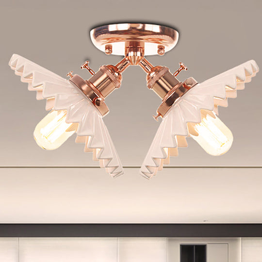 Restaurant Ceiling Light with Scalloped Milk Glass Shade in Black/Bronze Semi-Flush Mount