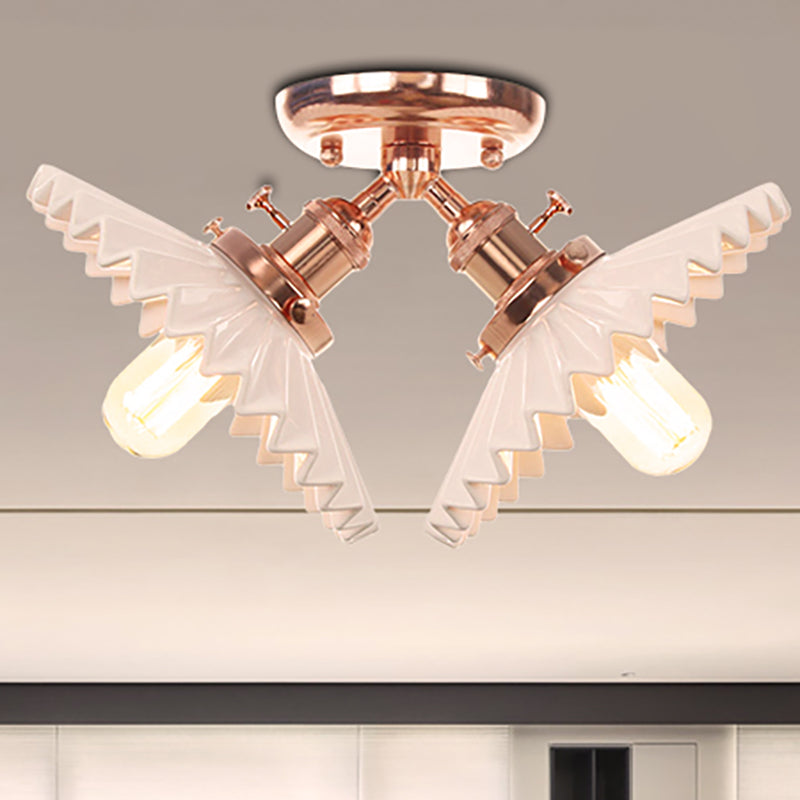 Restaurant Ceiling Light With Scalloped Milk Glass Shade In Black/Bronze Semi-Flush Mount Rose Gold