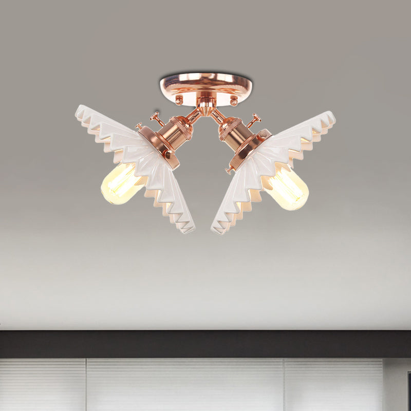 Restaurant Ceiling Light With Scalloped Milk Glass Shade In Black/Bronze Semi-Flush Mount