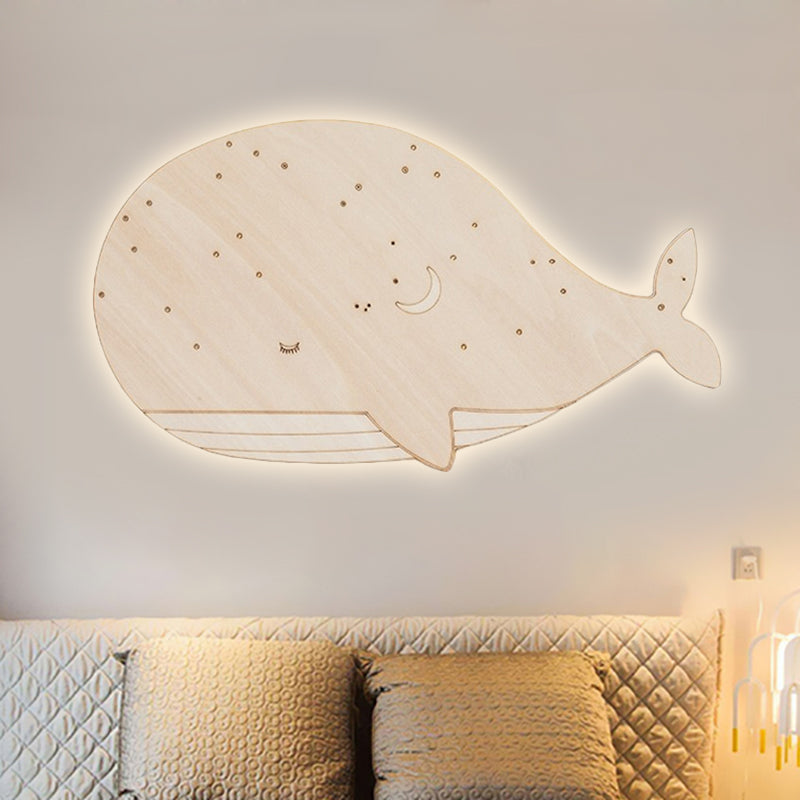 Nursing Room Oval Whale Wall Sconce - Wood Animal Beige Lamp Warm