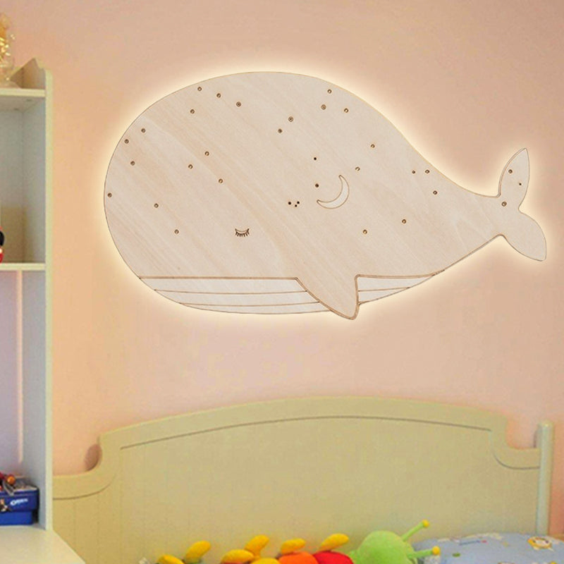 Nursing Room Oval Whale Wall Sconce - Wood Animal Beige Lamp Warm