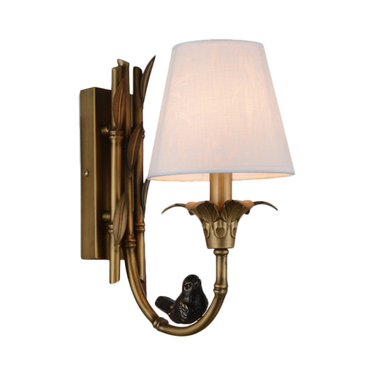 Country Cone Fabric Wall Sconce With Brass Backplate And White Light Fixture