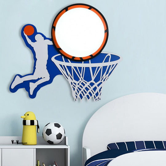 Sporty Wood Basketball Hoop Wall Light In Blue For Boys Bedroom Or Stairway