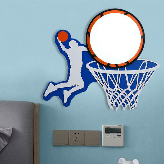 Sporty Wood Basketball Hoop Wall Light In Blue For Boys Bedroom Or Stairway