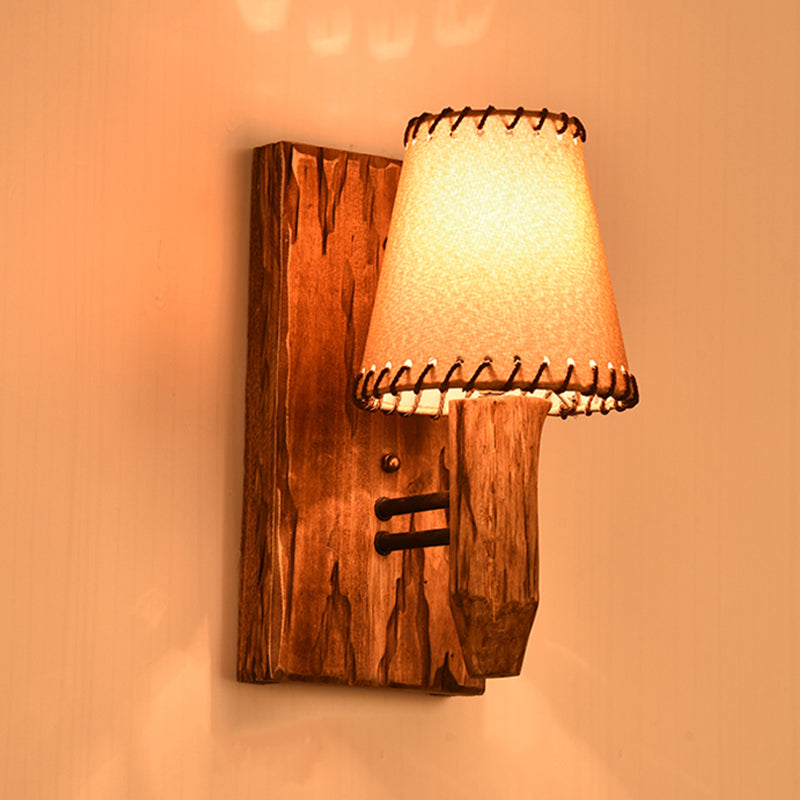 Vintage Wood Wall Mounted Sconce Light 1/2 Lights Fabric Shade - Ideal For Dining Room 1 /