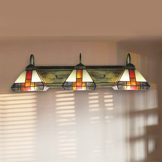 Stained Glass Mission Wall Sconce Light: Triple Light Cone Vanity Lamp In Aged Brass