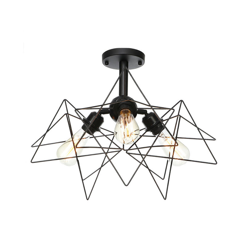 Semi Flush Industrial Black Ceiling Lighting For Living Room - 3 Heads With Wire Cage Metal Shade