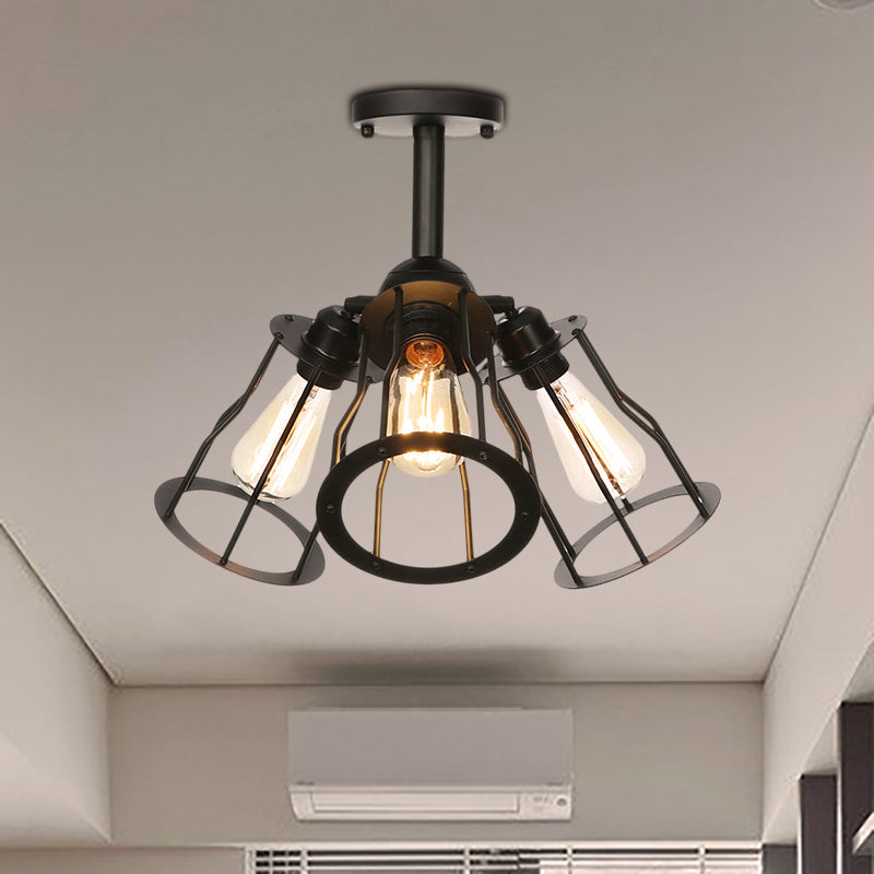 Semi Flush Industrial Black Ceiling Lighting For Living Room - 3 Heads With Wire Cage Metal Shade