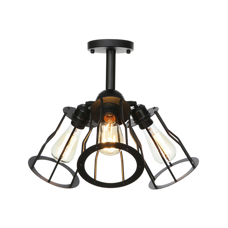 Semi Flush Industrial Black Ceiling Lighting For Living Room - 3 Heads With Wire Cage Metal Shade