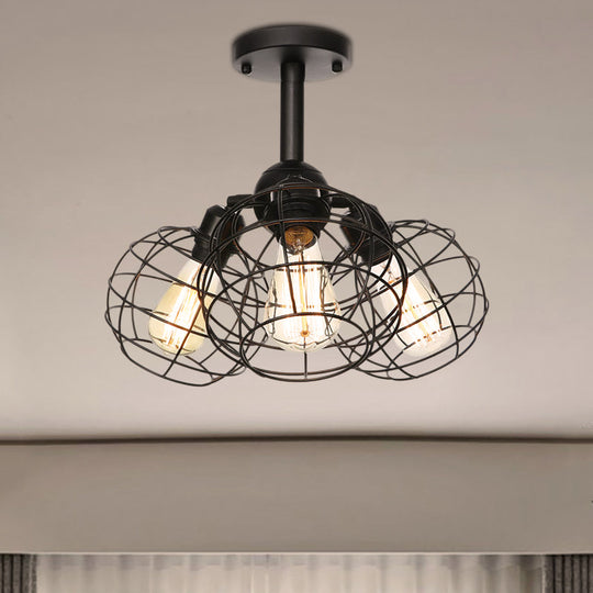 Semi Flush Industrial Black Ceiling Lighting For Living Room - 3 Heads With Wire Cage Metal Shade