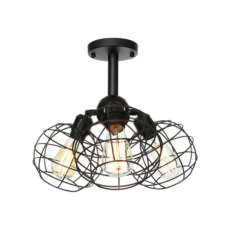 Semi Flush Industrial Black Ceiling Lighting For Living Room - 3 Heads With Wire Cage Metal Shade