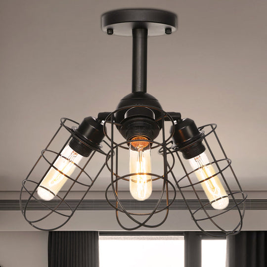 Semi Flush Industrial Black Ceiling Lighting For Living Room - 3 Heads With Wire Cage Metal Shade /