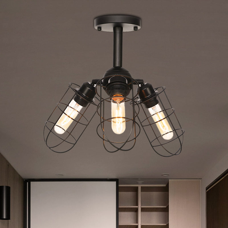 Semi Flush Industrial Black Ceiling Lighting For Living Room - 3 Heads With Wire Cage Metal Shade