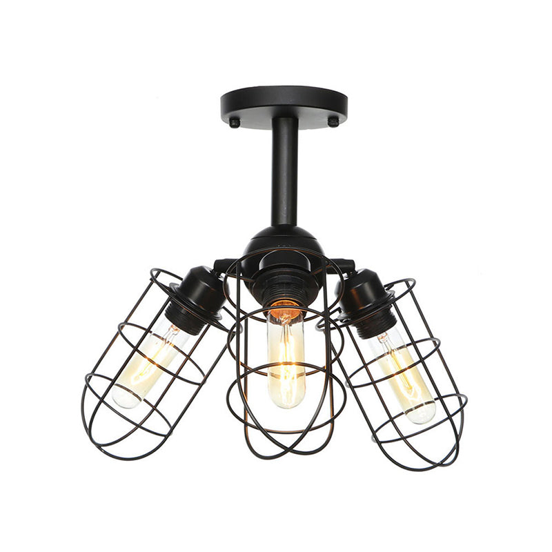 Semi Flush Industrial Black Ceiling Lighting For Living Room - 3 Heads With Wire Cage Metal Shade