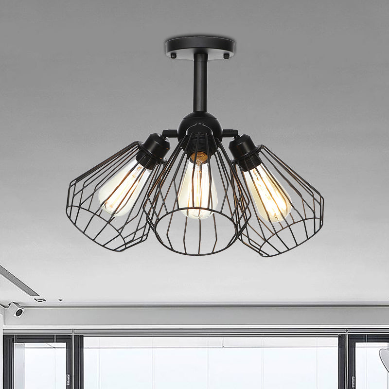 Semi Flush Industrial Black Ceiling Lighting For Living Room - 3 Heads With Wire Cage Metal Shade