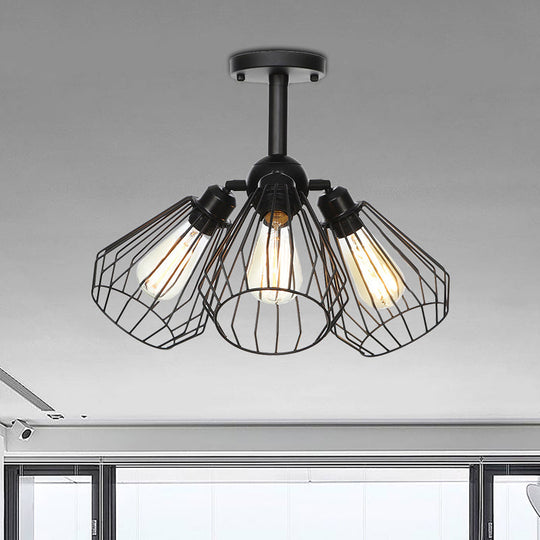 Semi Flush Industrial Black Ceiling Lighting For Living Room - 3 Heads With Wire Cage Metal Shade