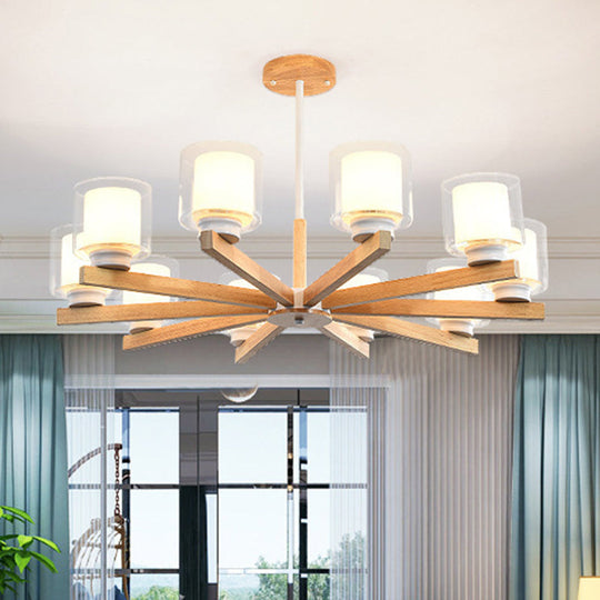 Modern White Glass Cylinder Chandelier - Stylish Suspension Light For Living Room Wooden Stand