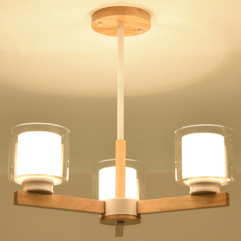 Modern White Glass Cylinder Chandelier - Stylish Suspension Light For Living Room Wooden Stand 3 /