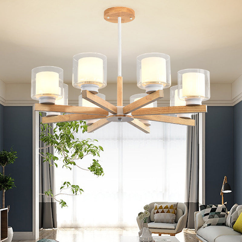 Modern White Glass Cylinder Chandelier - Stylish Suspension Light For Living Room Wooden Stand