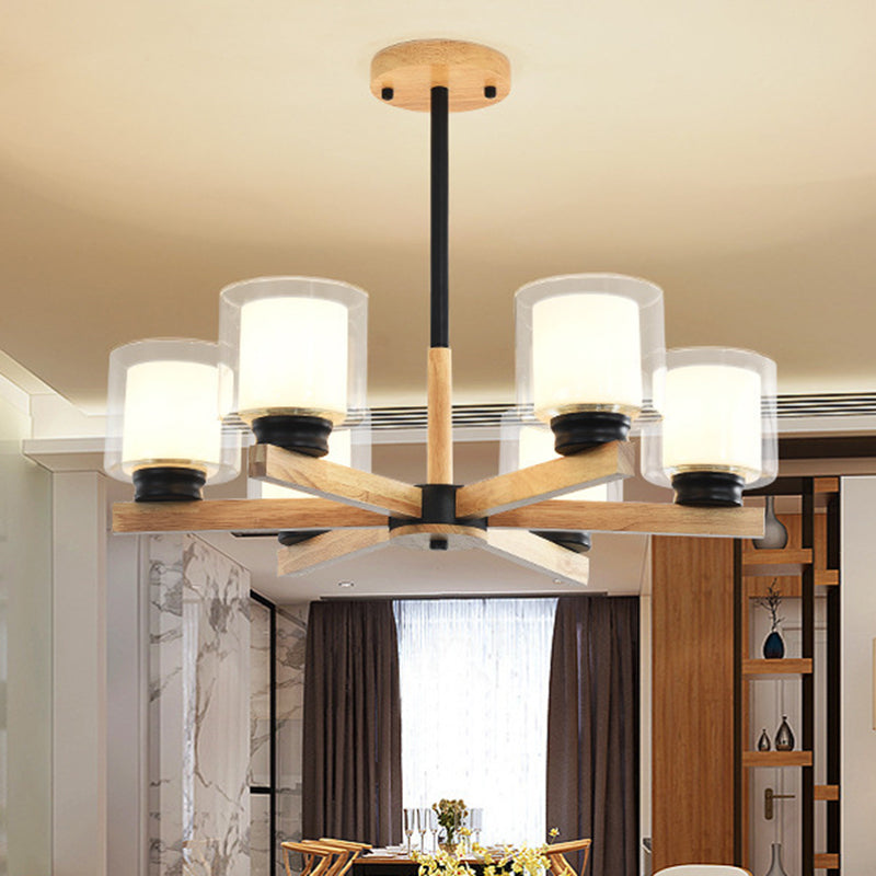 Modern White Glass Cylinder Chandelier - Stylish Suspension Light For Living Room Wooden Stand