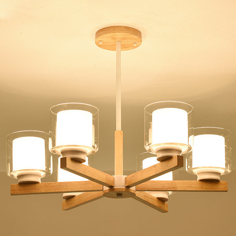 Modern White Glass Cylinder Chandelier - Stylish Suspension Light For Living Room Wooden Stand 6 /