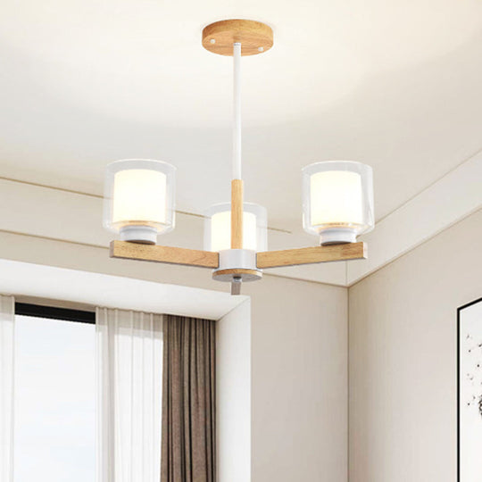 Modern White Glass Cylinder Chandelier - Stylish Suspension Light For Living Room Wooden Stand