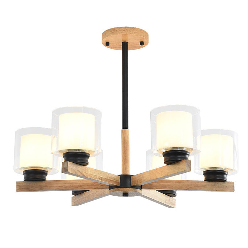 Modern White Glass Cylinder Chandelier - Stylish Suspension Light For Living Room Wooden Stand