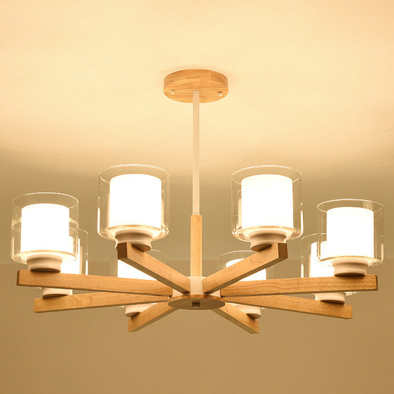 Modern White Glass Cylinder Chandelier - Stylish Suspension Light For Living Room Wooden Stand 8 /