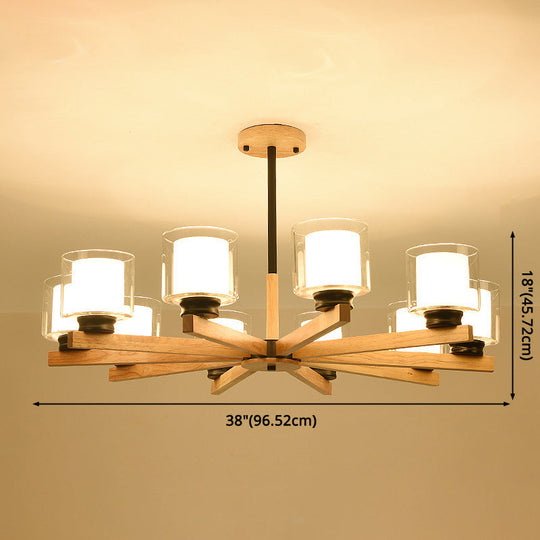 Modern White Glass Cylinder Chandelier - Stylish Suspension Light For Living Room Wooden Stand