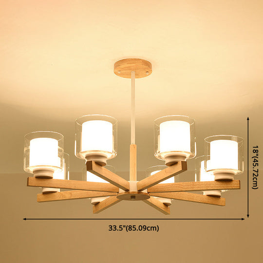 Modern White Glass Cylinder Chandelier - Stylish Suspension Light For Living Room Wooden Stand