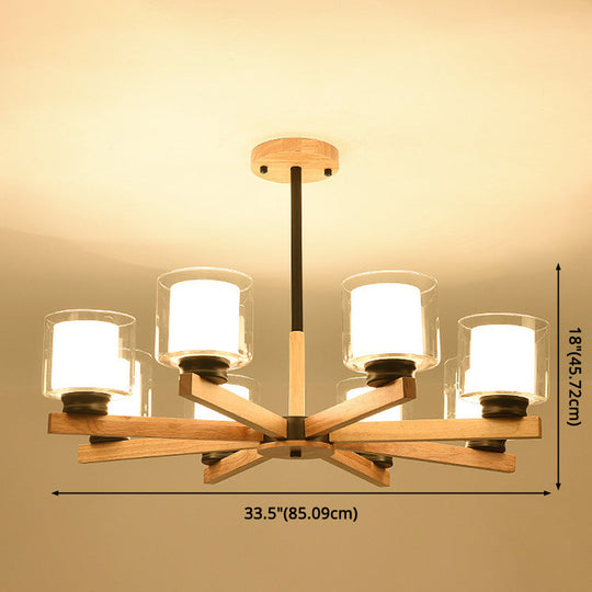 Modern White Glass Cylinder Chandelier - Stylish Suspension Light For Living Room Wooden Stand