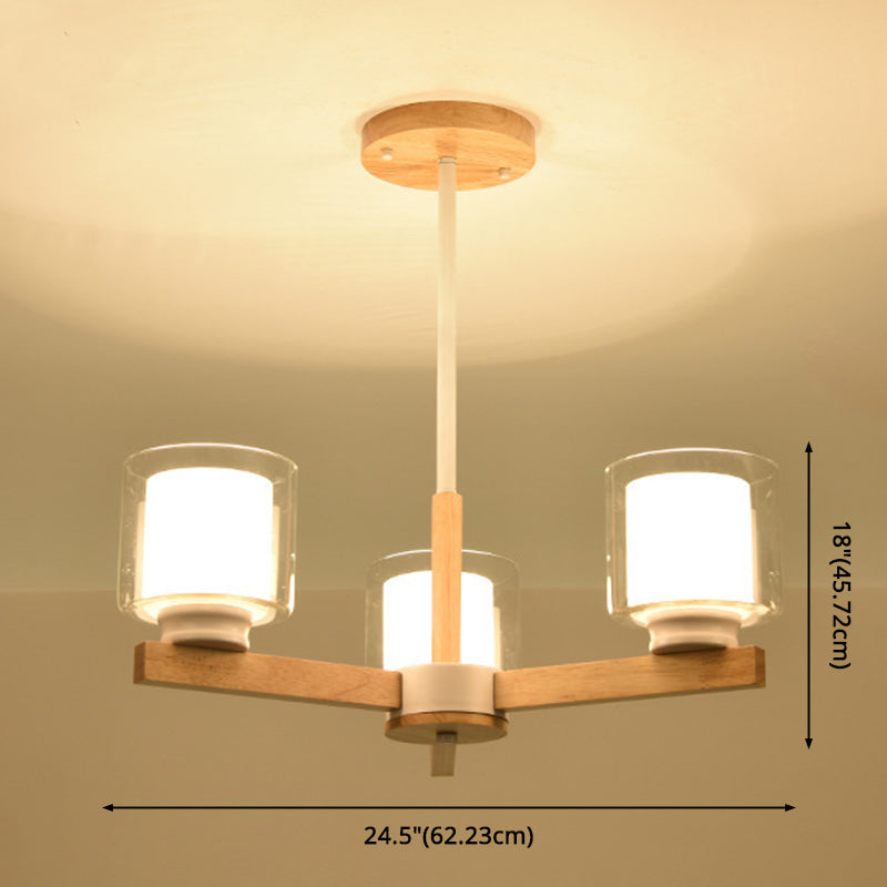 Modern White Glass Cylinder Chandelier - Stylish Suspension Light For Living Room Wooden Stand