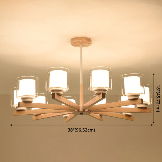 Modern White Glass Cylinder Chandelier - Stylish Suspension Light For Living Room Wooden Stand