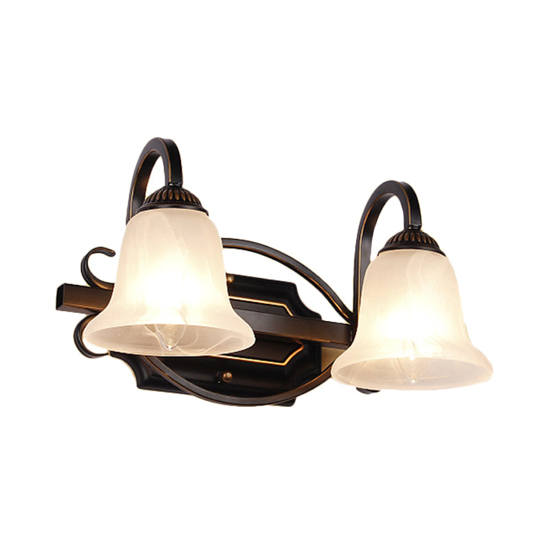 Vintage Curvy Arm Black Sconce Light Fixture For Bathroom Vanity - 2/3 Lights Milky Glass