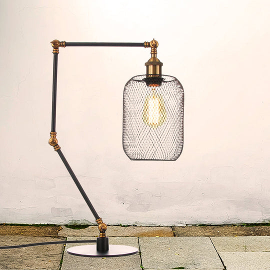 Industrial Style Metal Cylindrical Table Light With Adjustable Black/Brass Finish And Mesh Screen