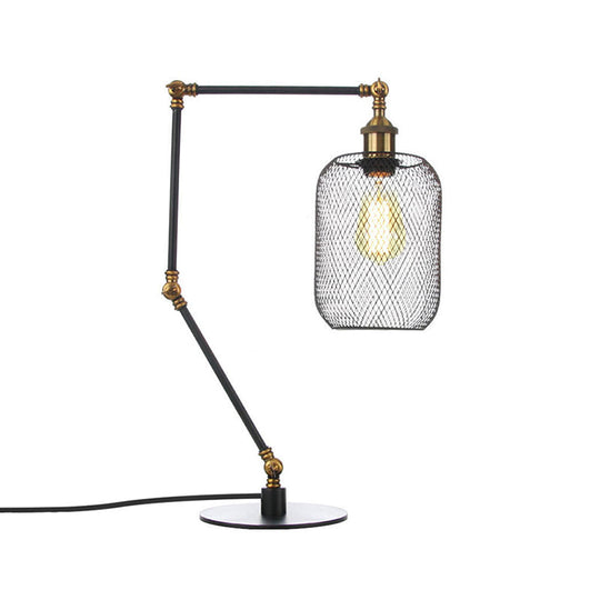 Industrial Style Metal Cylindrical Table Light With Adjustable Black/Brass Finish And Mesh Screen