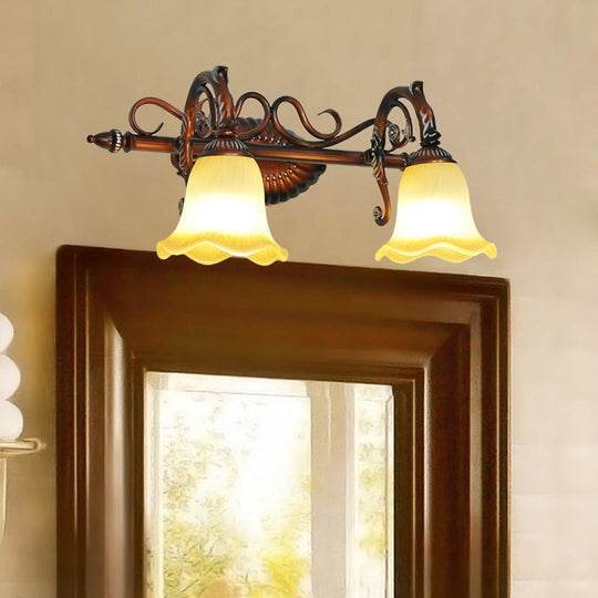 Traditional Frosted Glass Flared Bathroom Vanity Lamp With Copper Sconce 1/2/3 Light Fixture