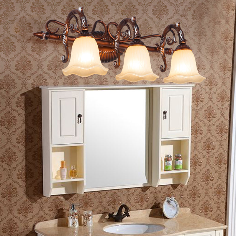 Traditional Frosted Glass Flared Bathroom Vanity Lamp With Copper Sconce 1/2/3 Light Fixture