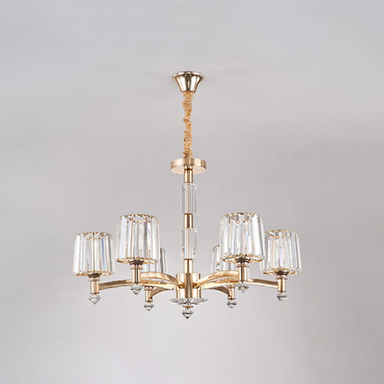 Cylindrical Gold Pendant Chandelier With Minimalist Optic Crystal Prism - Perfect For Living Room