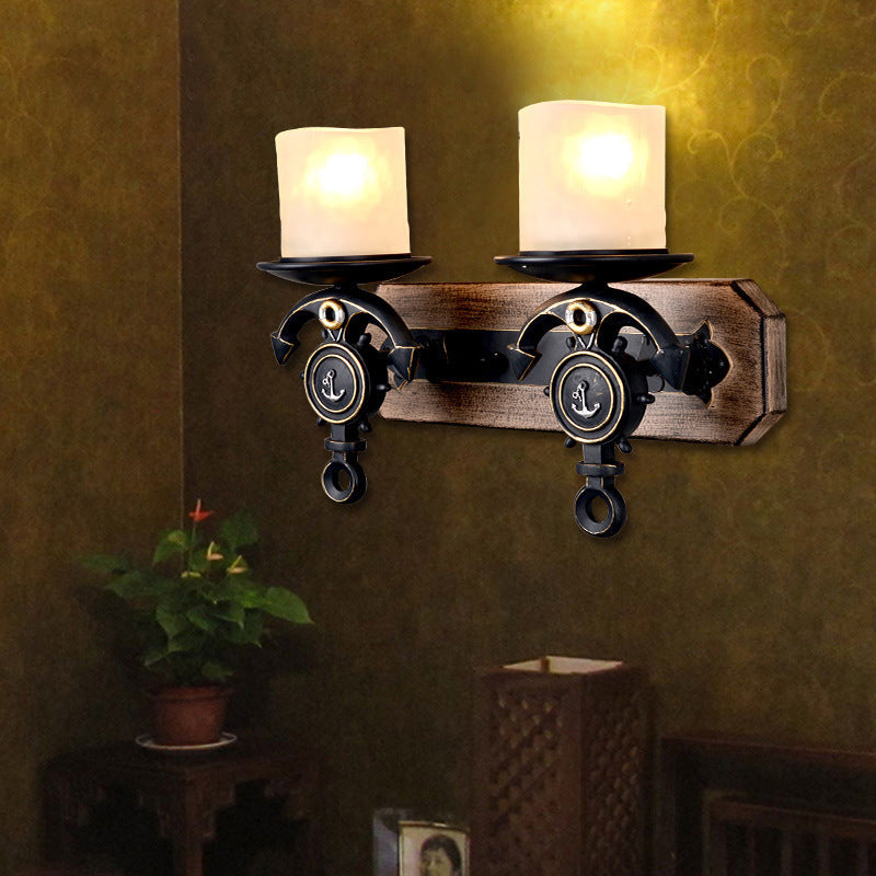 Candle Wall Lamp - Country Style Opal Glass Sconce With 1/2-Bulb: Black & Gold Resin Anchor Design