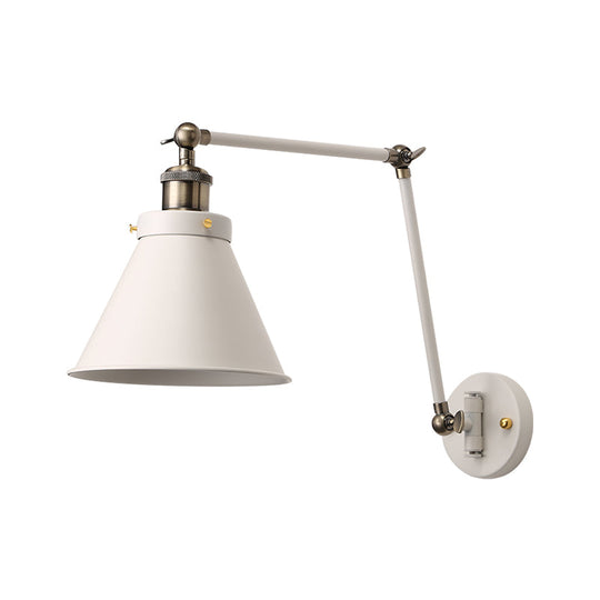 Industrial Cone Wall Sconce With Swing Arm For Bedroom - Black/White Metal Finish & 1 Bulb