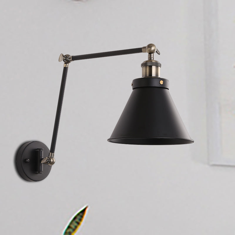 Industrial Cone Wall Sconce With Swing Arm For Bedroom - Black/White Metal Finish & 1 Bulb