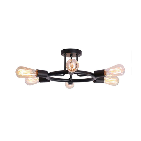 Bare Bulb Mid Century Metallic Semi Flush Ceiling Light - 6 Heads - Brass/Black Finish