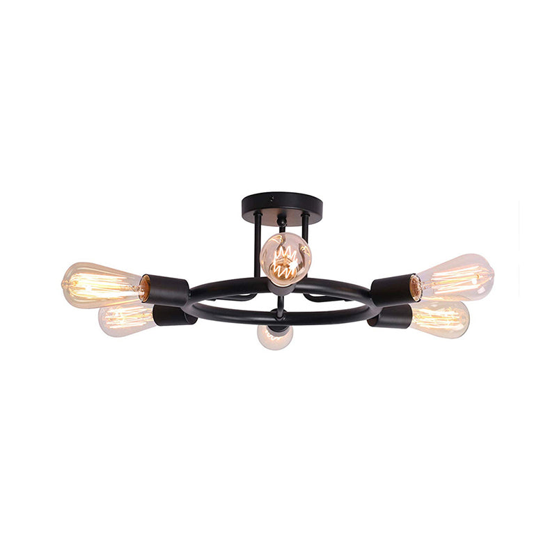 Bare Bulb Mid Century Metallic Semi Flush Ceiling Light - 6 Heads Brass/Black Finish