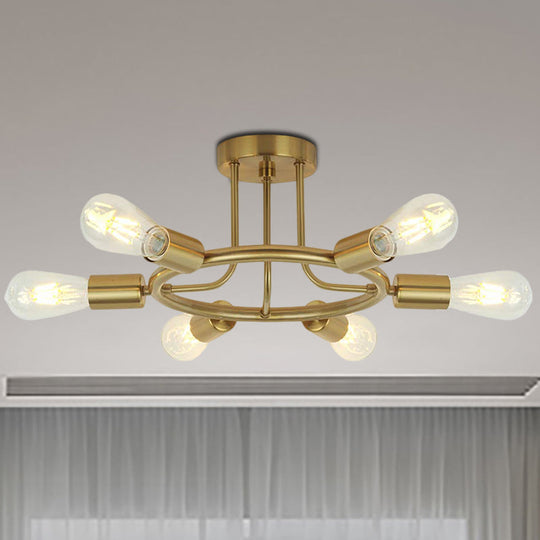 Bare Bulb Mid Century Metallic Semi Flush Ceiling Light - 6 Heads - Brass/Black Finish