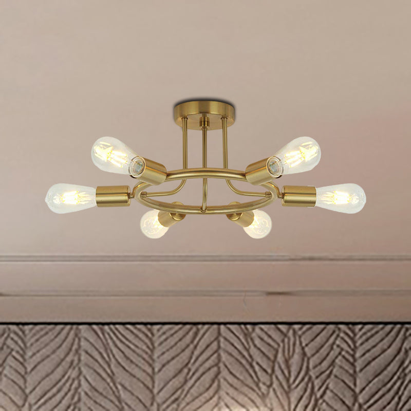 Bare Bulb Mid Century Metallic Semi Flush Ceiling Light - 6 Heads - Brass/Black Finish