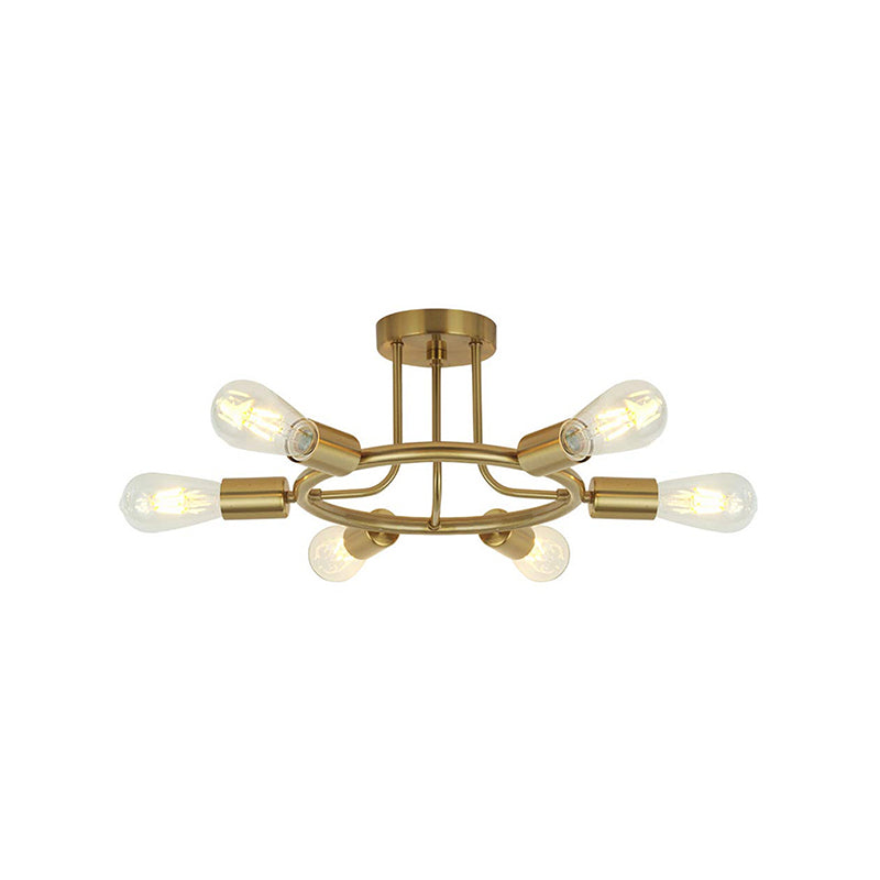 Bare Bulb Mid Century Metallic Semi Flush Ceiling Light - 6 Heads - Brass/Black Finish