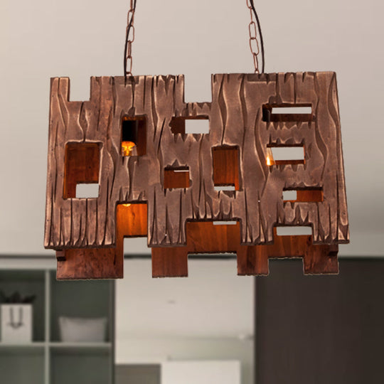 Wooden Rectangle Restaurant Island Chandelier Pendant With Hollow Out Design - Brown 2/3 Bulbs